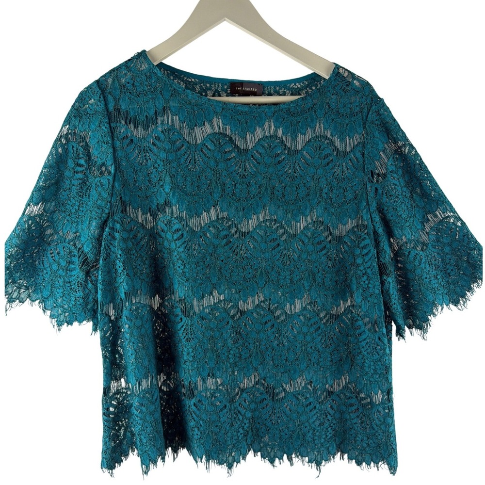 The Limited Sheer Lace Blouse Overlay XL Teal Floral Short Sleeve‎ Fairy Grunge